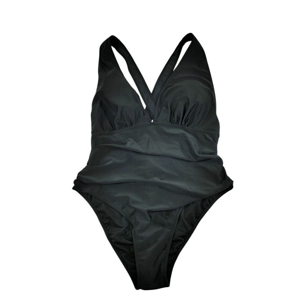 Saukole  Black One-Piece Swimsuit with Cross-Back Design and V-Neck Size‎ 14